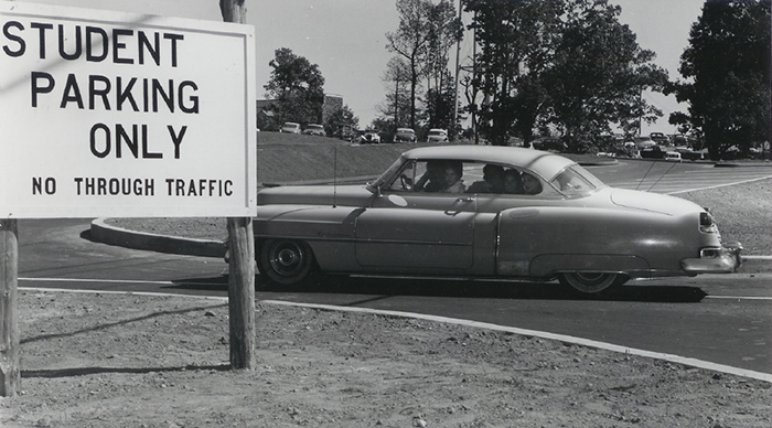 A vehicle drives onto the William Paterson campus in the 1950s
