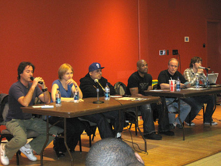 MEISA Songwriters Critique Event Panel April 28, 2009 from left to right: David Fagen, songwiter; Tracy Michaels, former Sony/BMG royalty expert and alum; Raul Quispe, former Universal Records promotion department and alum; Daryl McDaniels of DMC; Professor E. Michael Harrington; MEISA President, Nick Wilson.