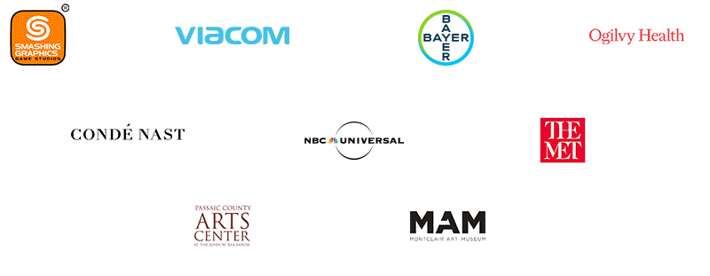 NBC Universal, Viacom, Ogilvy Health, Bayer, Smashing Graphics Game Studios, Passaic County Arts Center, Montclair Art Museum, Metropolitan Museum of Art, Conde Nast