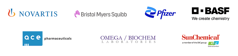 Bristol Myers Squibb, AACE Pharmaceuticals, Omega Biochem labs, Novartis, BASF, Sun Chemical, Pfizer
