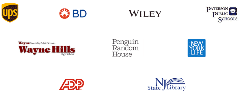 ADP, Paterson Public Schools, BD, Wayne Hills High School, Wiley, Penguin Random House, UPS, New Jersey State Library, New York Life