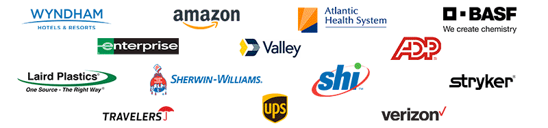 Verizon, UPS, Atlantic Health Systems, Valley Bank, Laird Plastics, Wyndham Hotels & Resorts, Travelers, Sherwin Williams, Enterprise Rent-A-Car, ADP, BASF, Amazon, Stryker, HI International