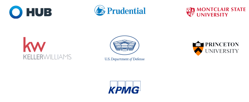 Princeton University, Hub International, Montclair State University, Keller Williams, US Department of Defense, Prudential, KPMG